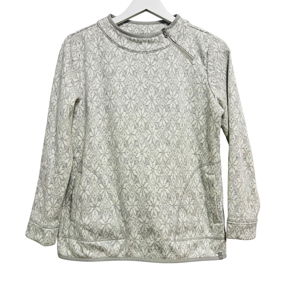 Talbots Sweater Womens Medium Petite Gray Fair Isle Fleece 1/4 Zip Pullover‎